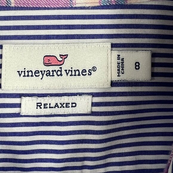 Vineyard Vines Womens 8 Relaxed Fit Purple Striped Button Up Shirt Plaid Pocket - Picture 12 of 15